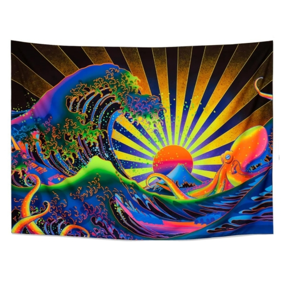 Black Light Great Wave Dark Neon Wall Art Blacklight Octopus Sunrise Tapestry